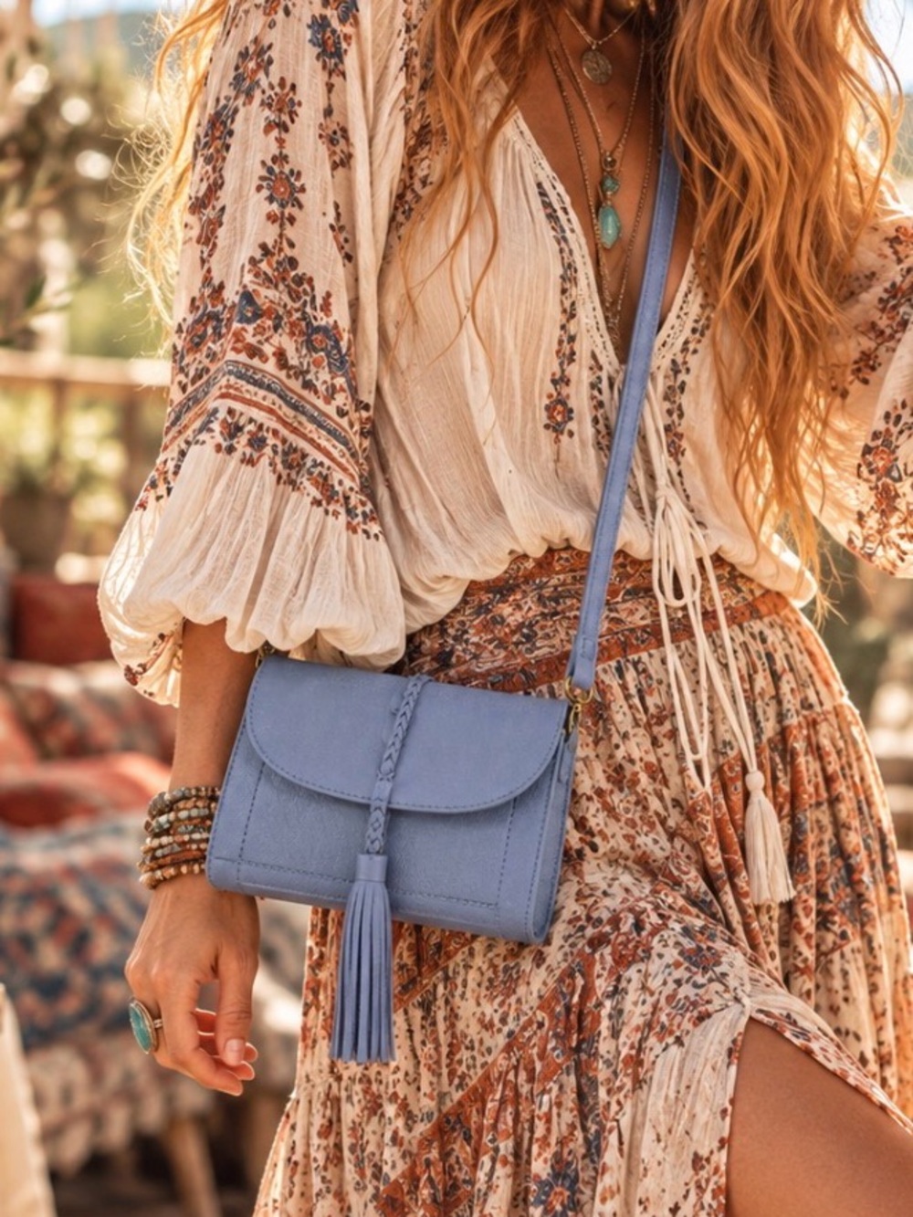 FREE PEOPLE Light Blue Tassel Crossbody Bag with Adjustable Strap